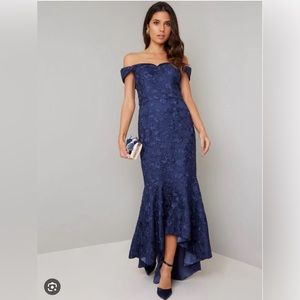 embroidered dress, off the shoulder mermaid gown, blue, UK size 8, US size 4